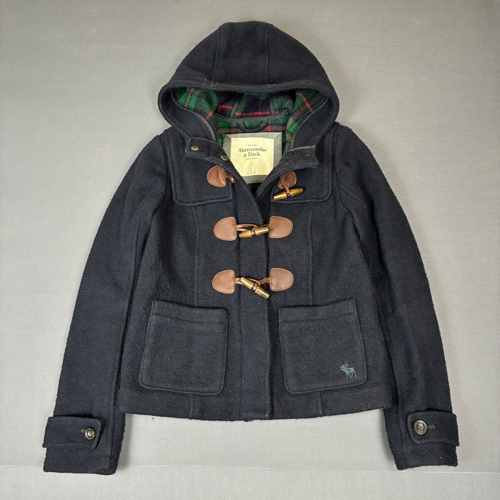 Y2K Abercrombie & Fitch Navy Blue Plaid Lined Toggle Coat Jacket Women's Size XS